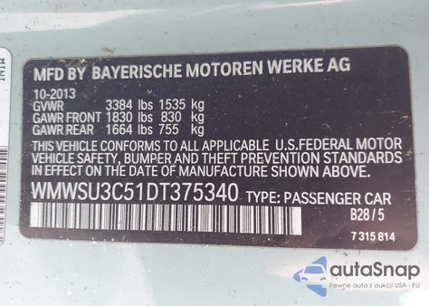 2013 Mini Cooper z USA, uszkodzony, nr VIN WMWSU3C51DT375340